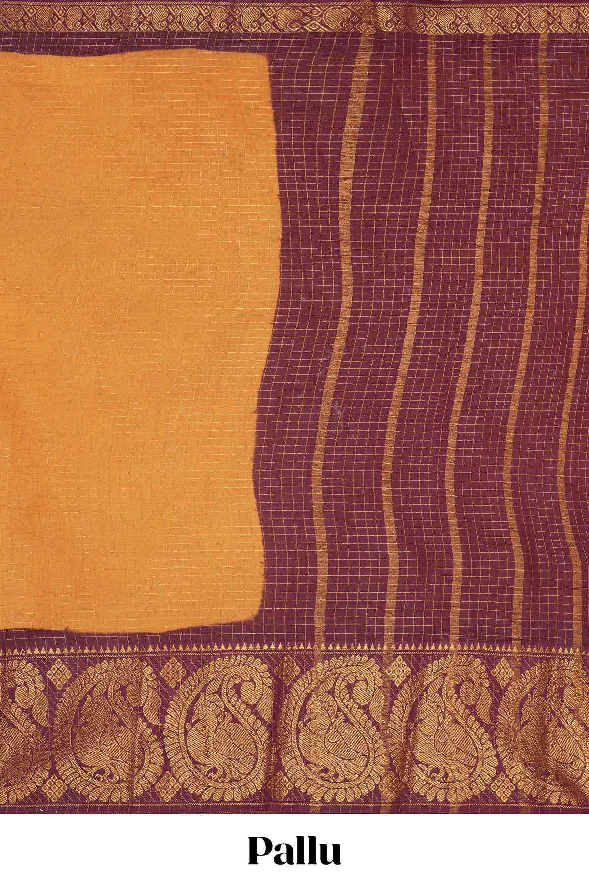 Mustard yellow Sungadi cotton saree with checked body contrasting  peacock zari border striped pallu and a matching checked blouse