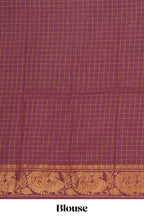 Mustard yellow Sungadi cotton saree with checked body contrasting  peacock zari border striped pallu and a matching checked blouse