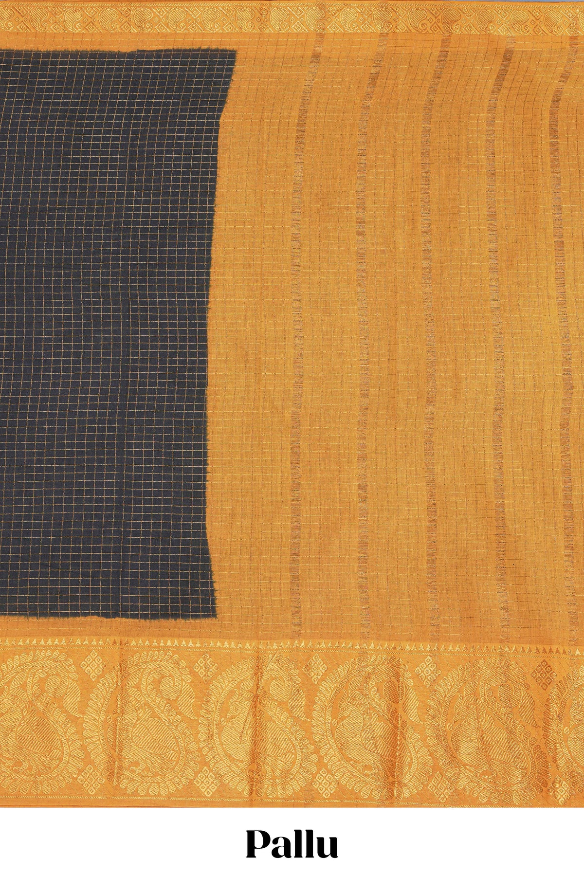 Black sungudi cotton saree with checked body contrasting peacock zari border striped pallu and a matching checked blouse