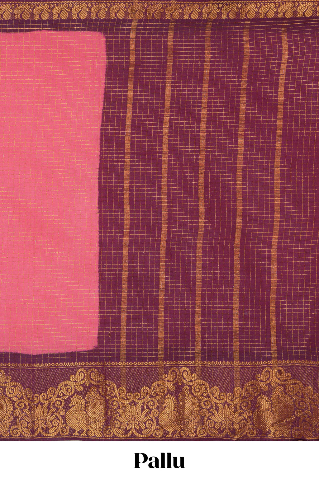 Pink sungudi cotton saree with checked body contrasting peacock zari border striped pallu and a matching checked blouse