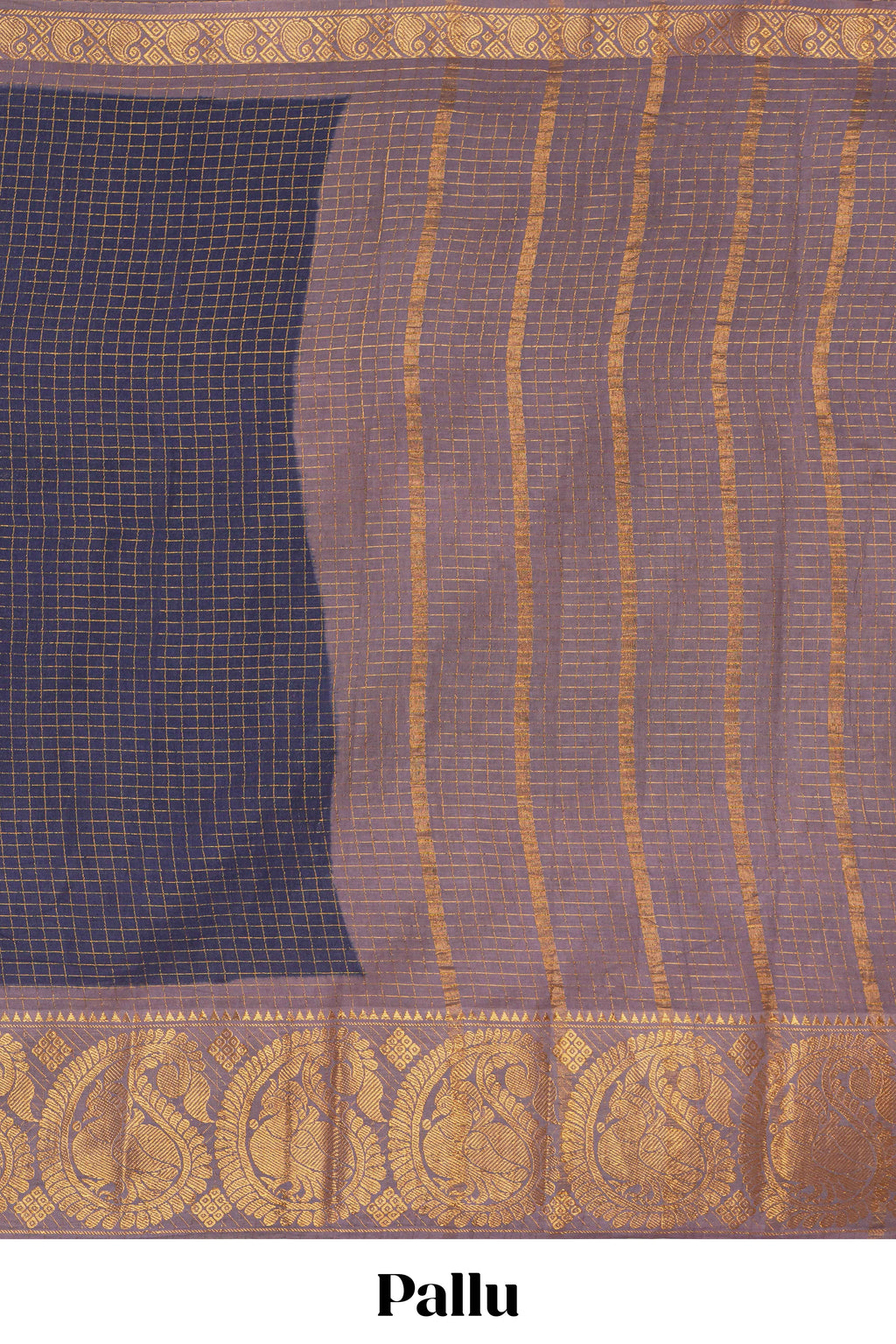 Navy blue sungudi cotton saree with checked body contrasting peacock zari border striped pallu and a matching checked blouse