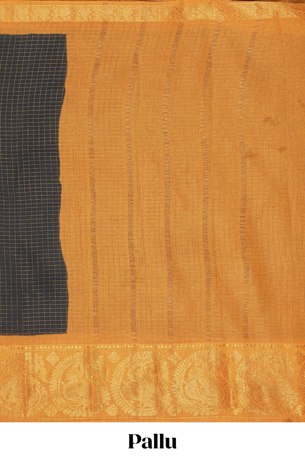 Jet black Sungadi cotton saree with checked body contrasting peacock zari border striped pallu and a matching checked blouse