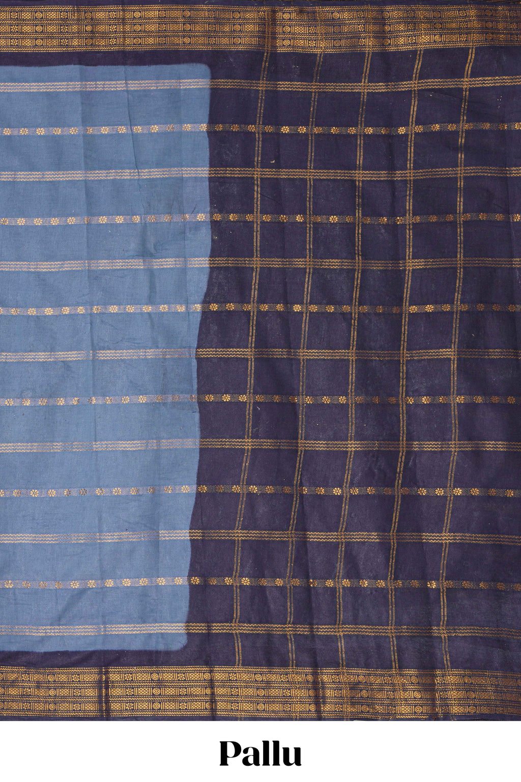 Indigo Blue Sungudi cotton saree with gold zari stripe motifs a contrasting  zari border checked pallu and contrast blouse