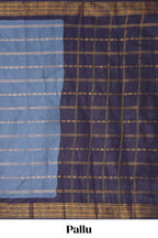 Indigo Blue Sungudi cotton saree with gold zari stripe motifs a contrasting  zari border checked pallu and contrast blouse
