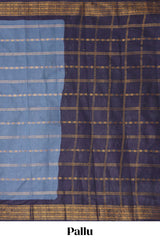 Indigo Blue Sungudi cotton saree with gold zari stripe motifs a contrastingzari border checked pallu and contrast blouse