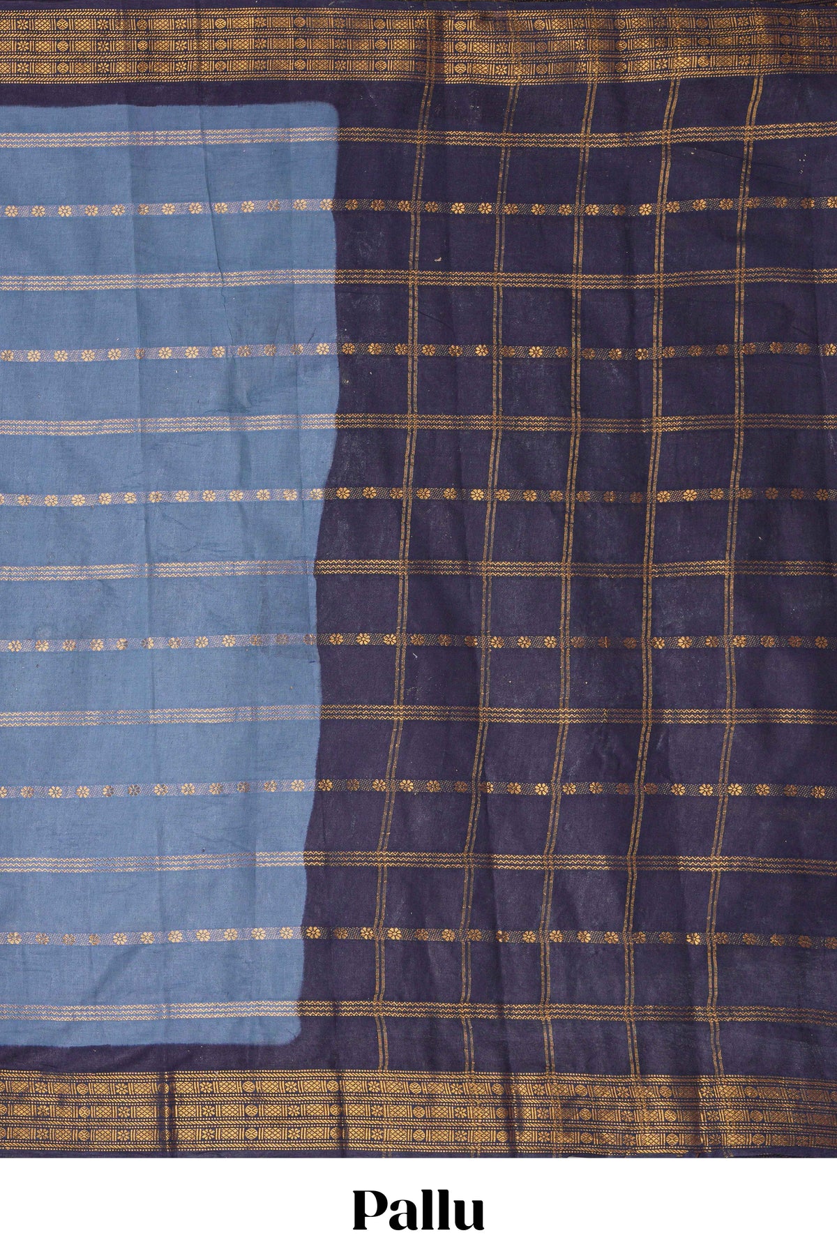 Indigo Blue Sungudi cotton saree with gold zari stripe motifs a contrasting  zari border checked pallu and contrast blouse