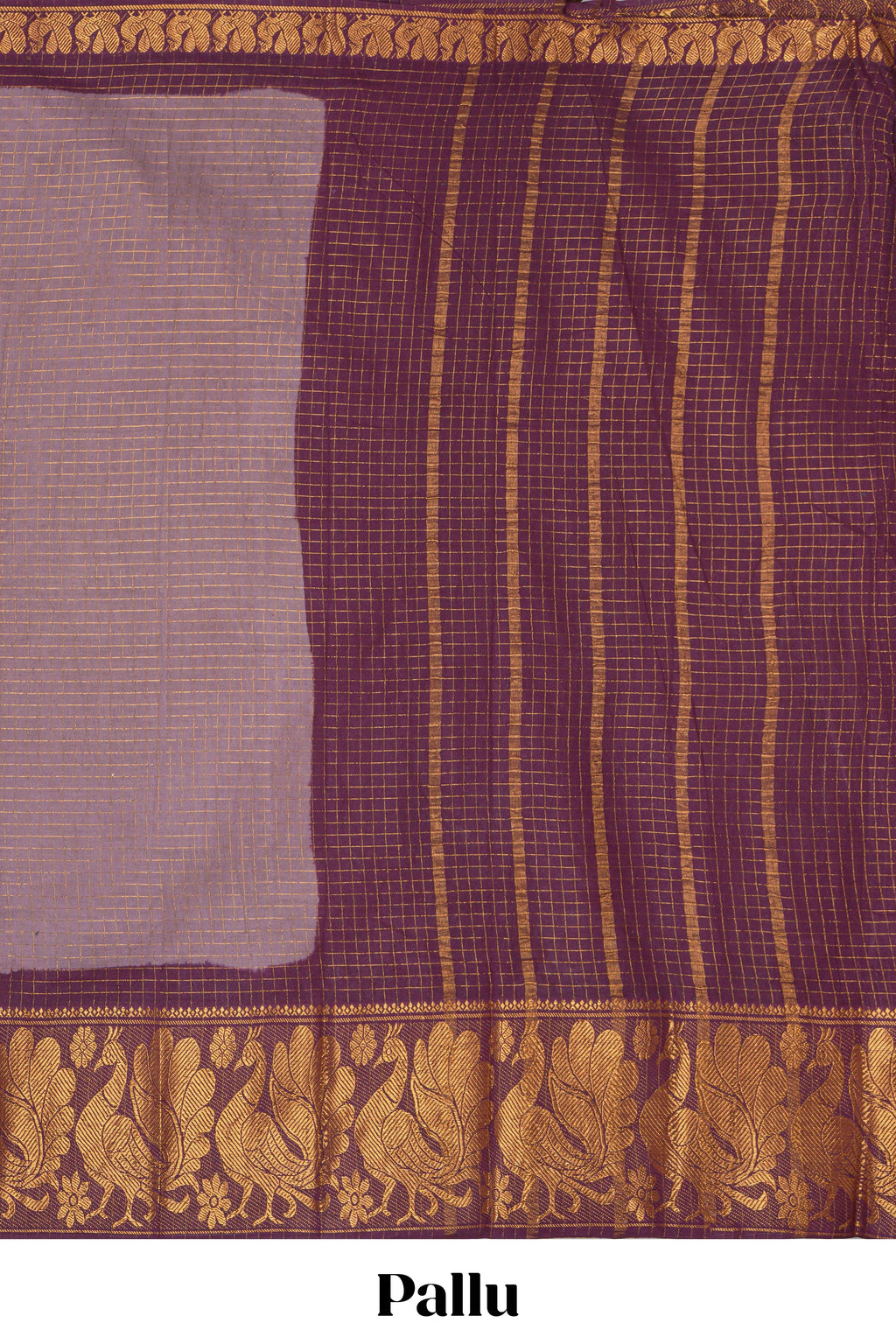 Muted Lavender Sungadi cotton saree with checked body contrasting peacock zari border striped pallu and blouse