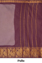 Muted Lavender Sungadi cotton saree with checked body contrasting peacock zari border striped pallu and blouse
