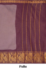 Muted Lavender Chettinad cotton saree with checked body contrasting peacock zari border striped pallu and blouse