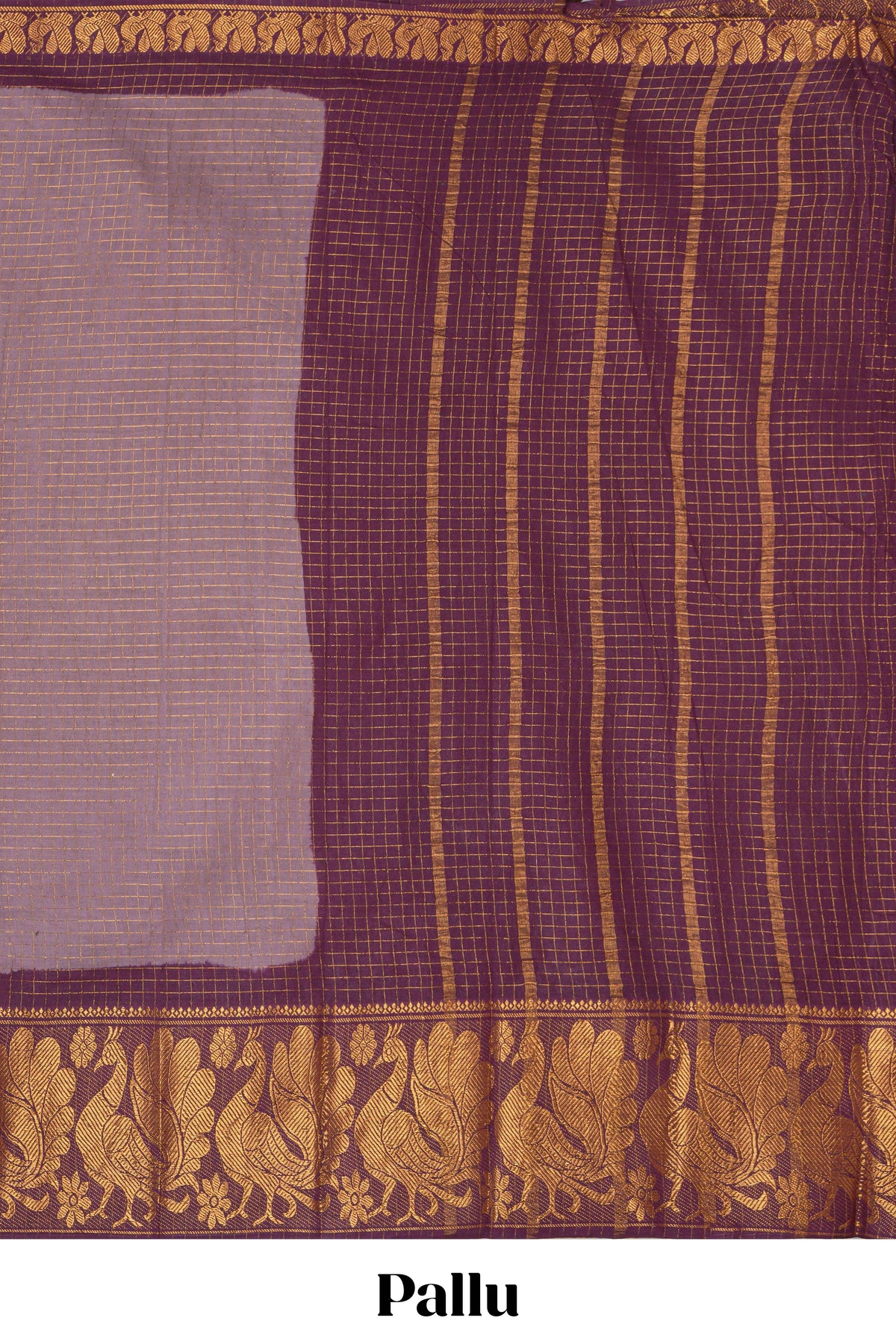 Muted Lavender Sungadi cotton saree with checked body contrasting peacock zari border striped pallu and blouse