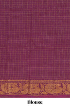 Muted Lavender Sungadi cotton saree with checked body contrasting peacock zari border striped pallu and blouse