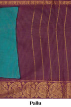 Bottle green Sungadi cotton saree with checked body contrasting peacock zari border striped pallu and blouse