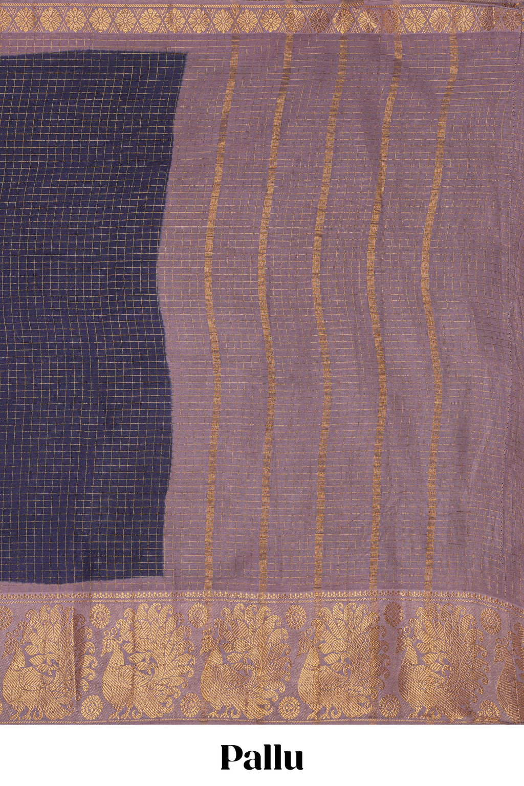 Dark blue sungudi cotton saree with checked body contrasting peacock zari border striped pallu and blouse