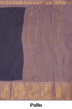 Dark blue sungudi cotton saree with checked body contrasting peacock zari border striped pallu and blouse