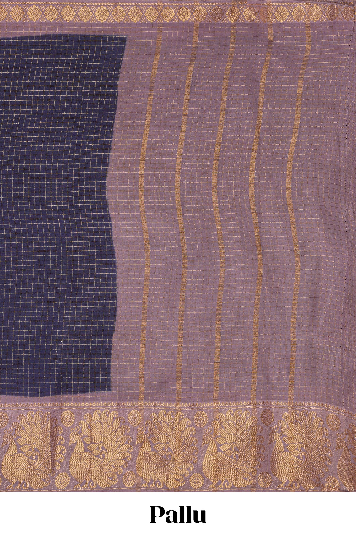 Dark blue sungudi cotton saree with checked body contrasting peacock zari border striped pallu and blouse