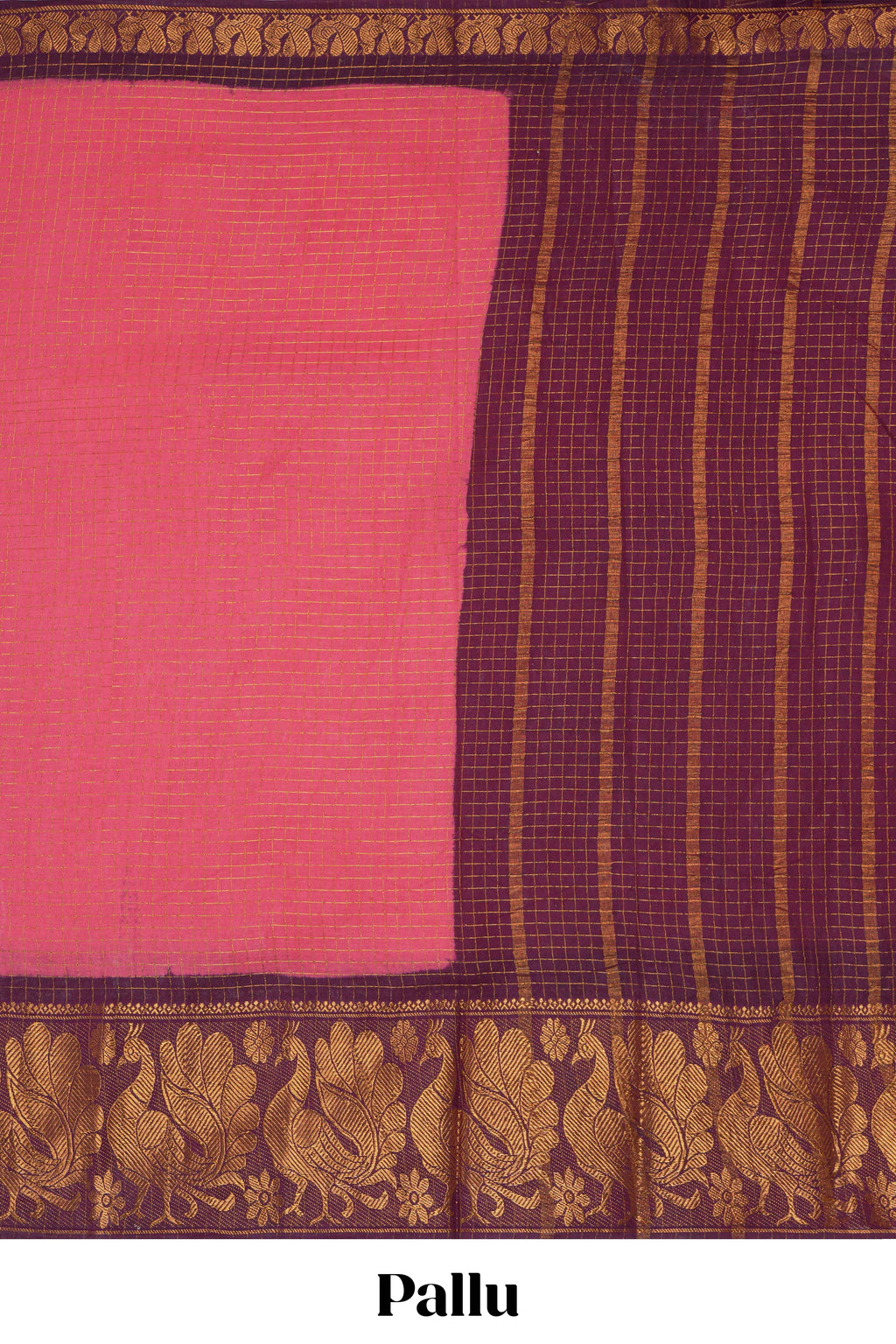 Bright pink sungudi cotton saree with checked body contrasting peacock zari border striped pallu and blouse