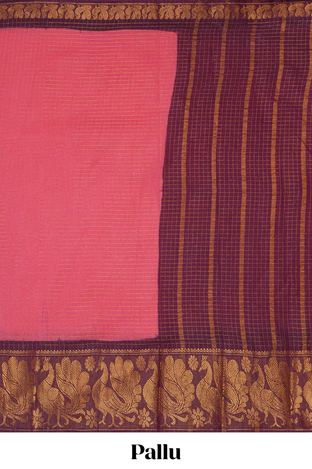Bright pink sungudi cotton saree with checked body contrasting peacock zari border striped pallu and blouse