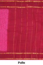 Pink tamil letters print sungudi cotton saree with contrast border and striped pallu