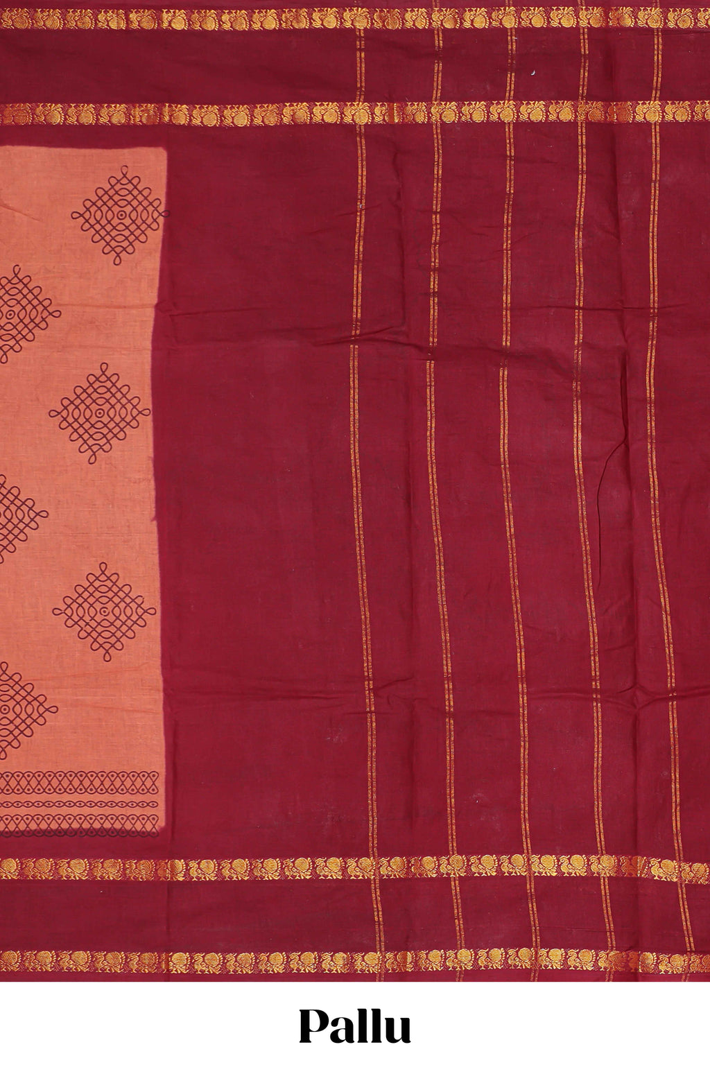 Peach traditional kolam print sungudi cotton saree with contrast border and striped pallu