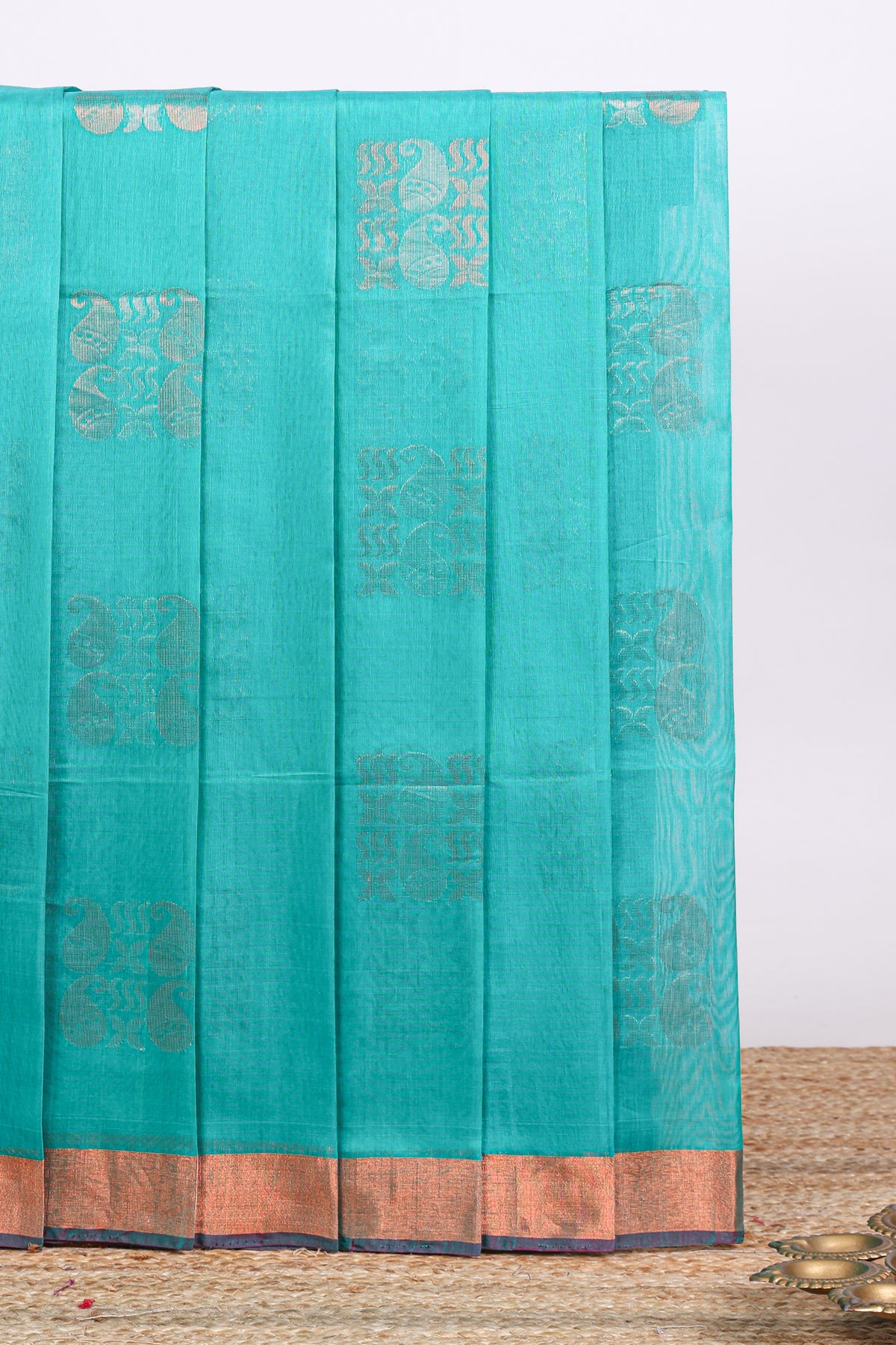 Turquoise blue zari motifs design silk cotton saree with contrast zari border and blouse