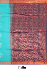 Turquoise blue zari motifs design silk cotton saree with contrast zari border and blouse