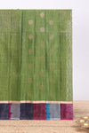 Green striped zari motifs design silk cotton saree with contrast zari border and blouse