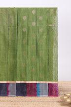 Green striped zari motifs design silk cotton saree with contrast zari border and blouse