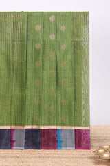 Green striped zari motifs design silk cotton saree with contrast zari border and blouse