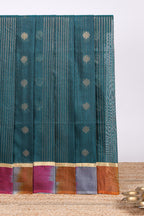 Pine green striped zari motifs design silk cotton saree with contrast zari border and blouse