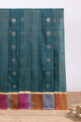 Pine green striped zari motifs design silk cotton saree with contrast zari border and blouse