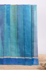 Blue striped shades plain design silk cotton saree with self zari pallu and matching blouse