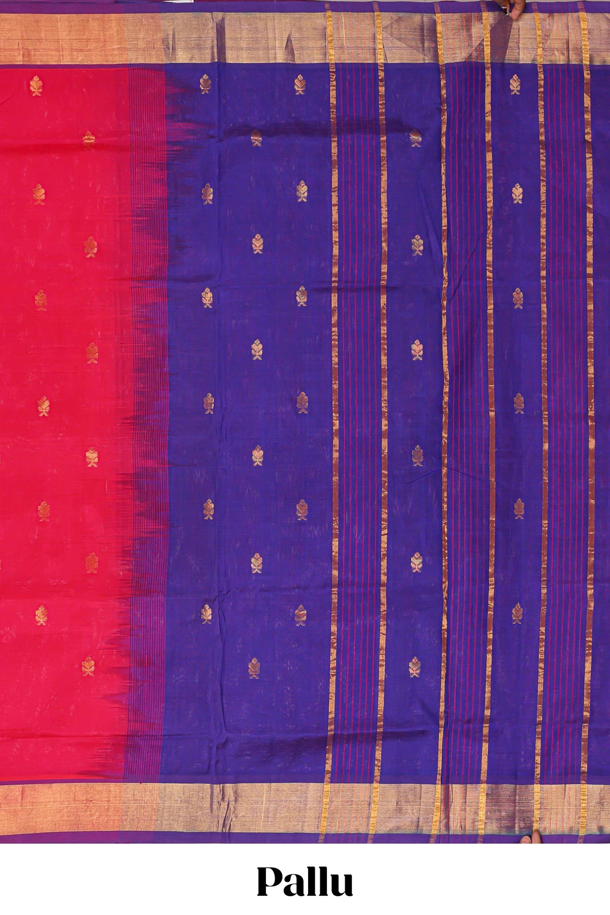 Rani pink butta designed silk cotton saree with contrast zari border and blouse