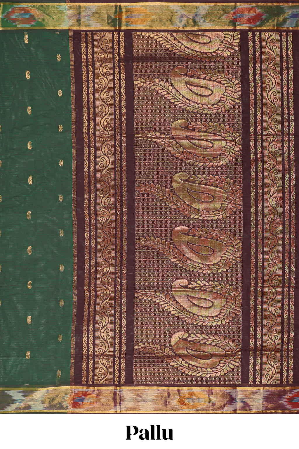 Dark green butta designed silk cotton saree with self zari border and contrast blouse
