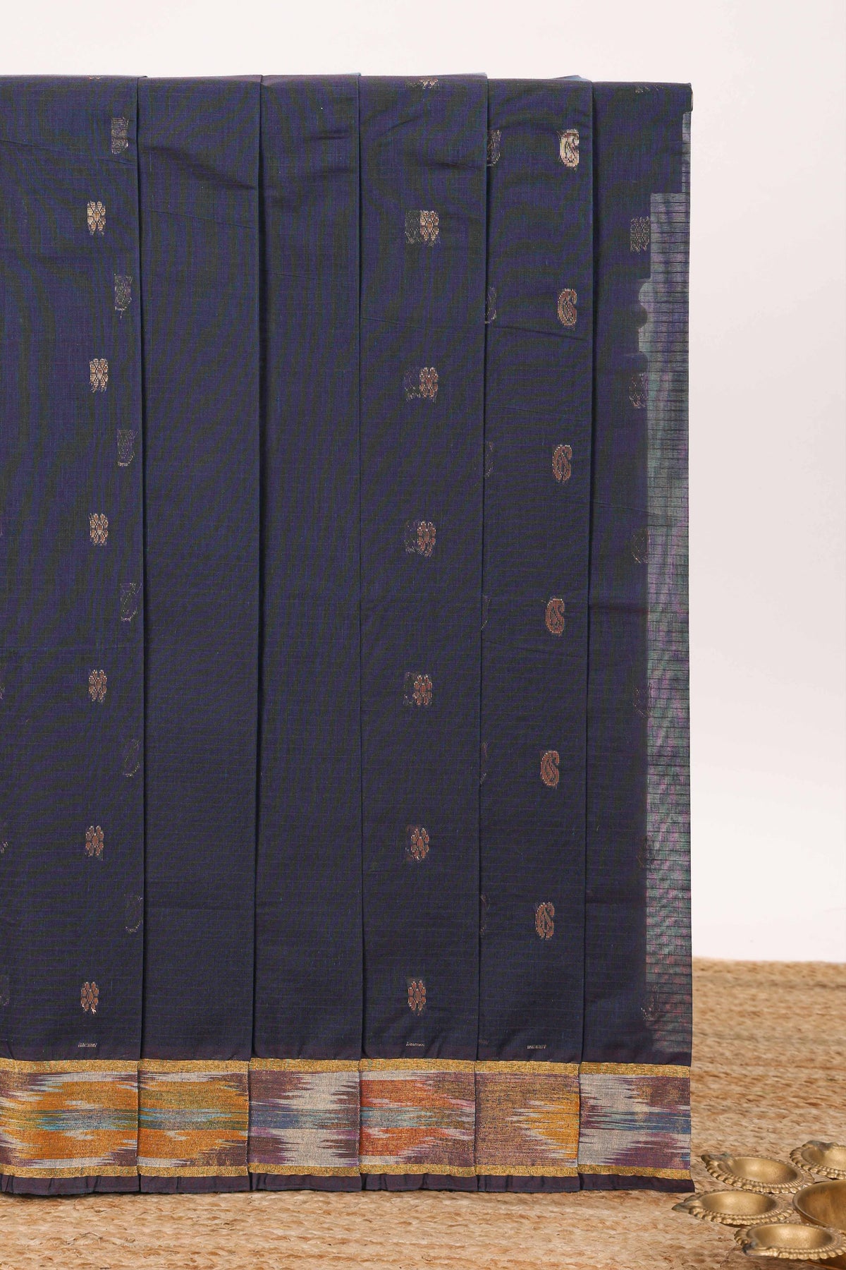 Dark blue butta designed silk cotton saree with self zari border and contrast blouse