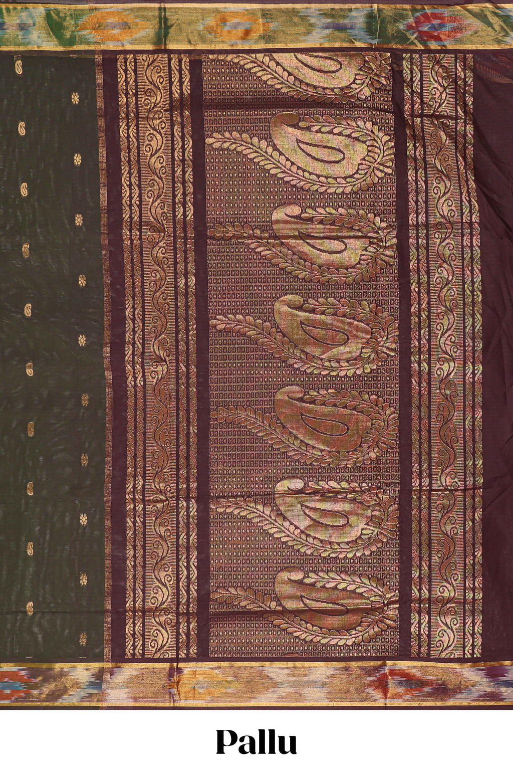 Brown butta designed silk cotton saree with self zari border and contrast blouse