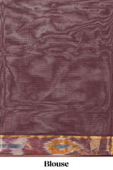 Brown butta designed silk cotton saree with self zari border and contrast blouse
