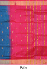 Dark blue butta designed silk cotton saree with contrast zari border and blouse