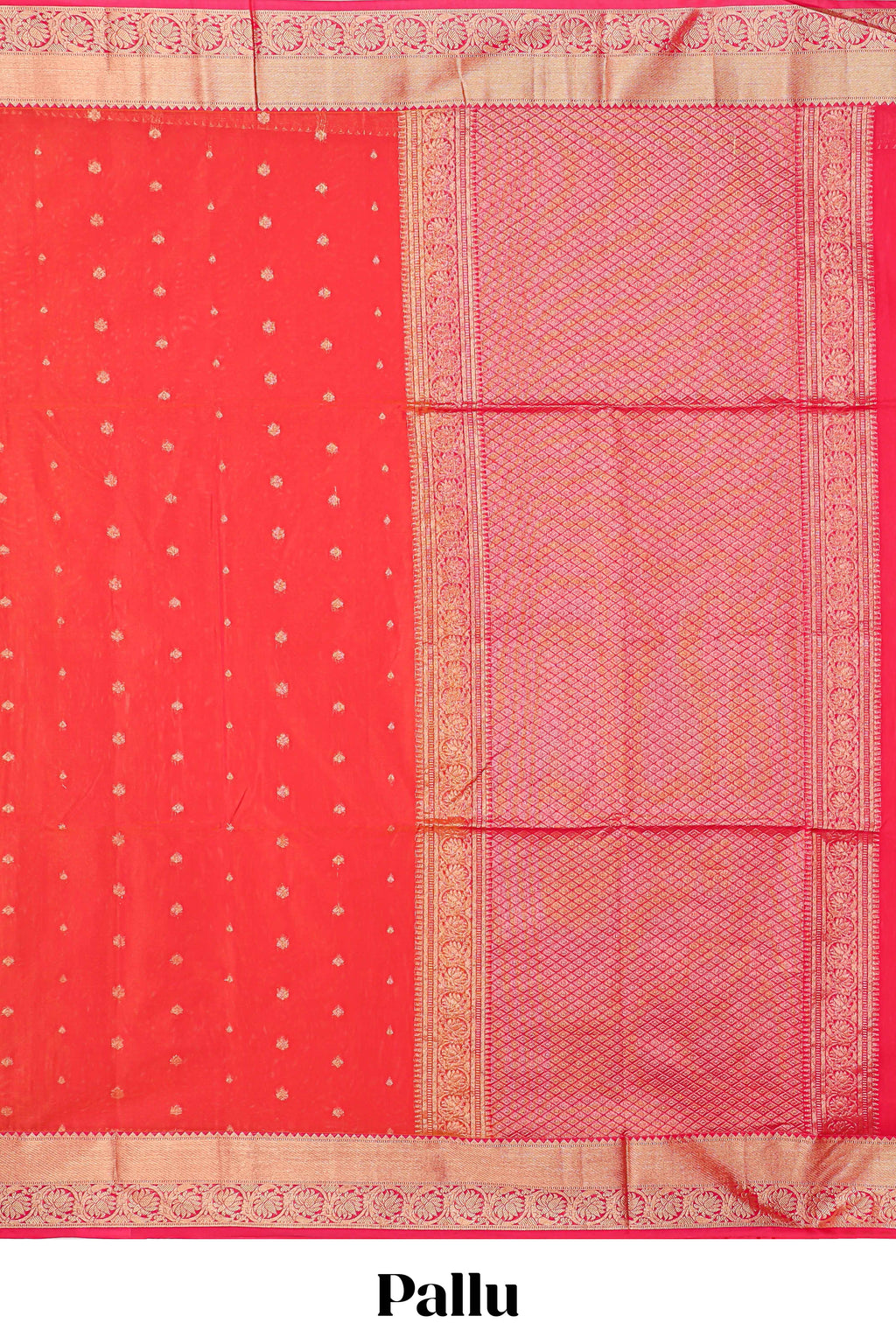 Coral red butta designed silk cotton saree with self zari border and contrast blouse