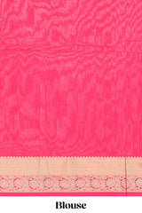 Coral red butta designed silk cotton saree with self zari border and contrast blouse