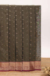 Olive brown butta designed silk cotton saree with contrast zari border and contrast blouse