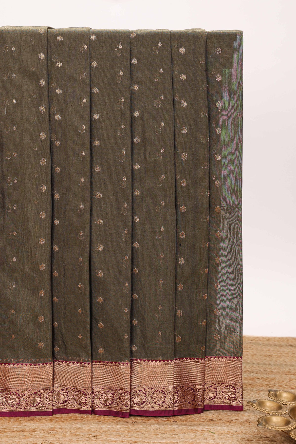 Olive brown butta designed silk cotton saree with contrast zari border and contrast blouse