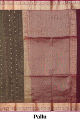 Olive brown butta designed silk cotton saree with contrast zari border and contrast blouse