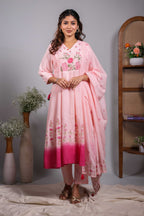 Pink floral design V neck salwar set with 3/4th sleeve, self bottom and matching dupatta