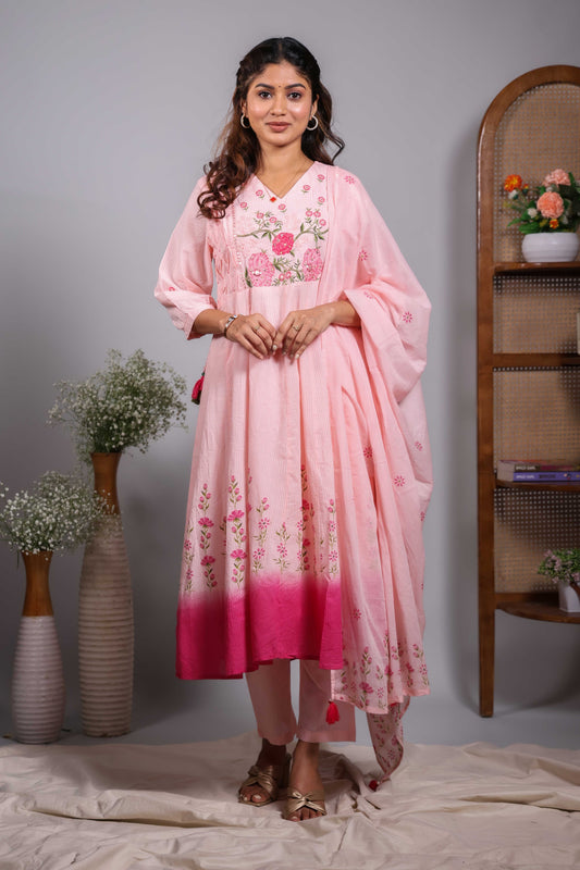 Pink floral design V neck salwar set with 3/4th sleeve, self bottom and matching dupatta