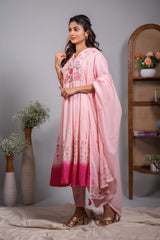 Pink floral design V neck salwar set with 3/4th sleeve, self bottom and matching dupatta