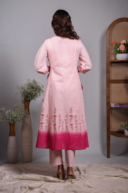 Pink floral design V neck salwar set with 3/4th sleeve, self bottom and matching dupatta