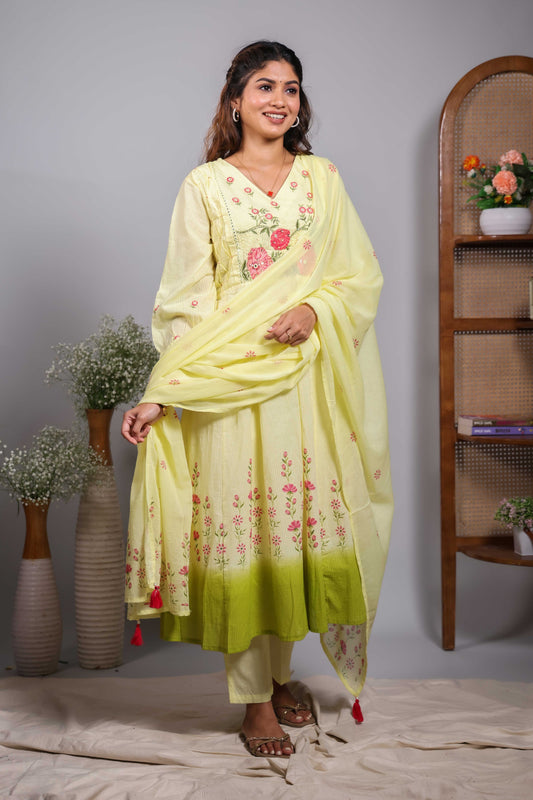 Green floral design V neck salwar set with 3/4th sleeve, self bottom and matching dupatta