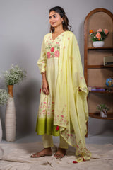 Green floral design V neck salwar set with 3/4th sleeve, self bottom and matching dupatta
