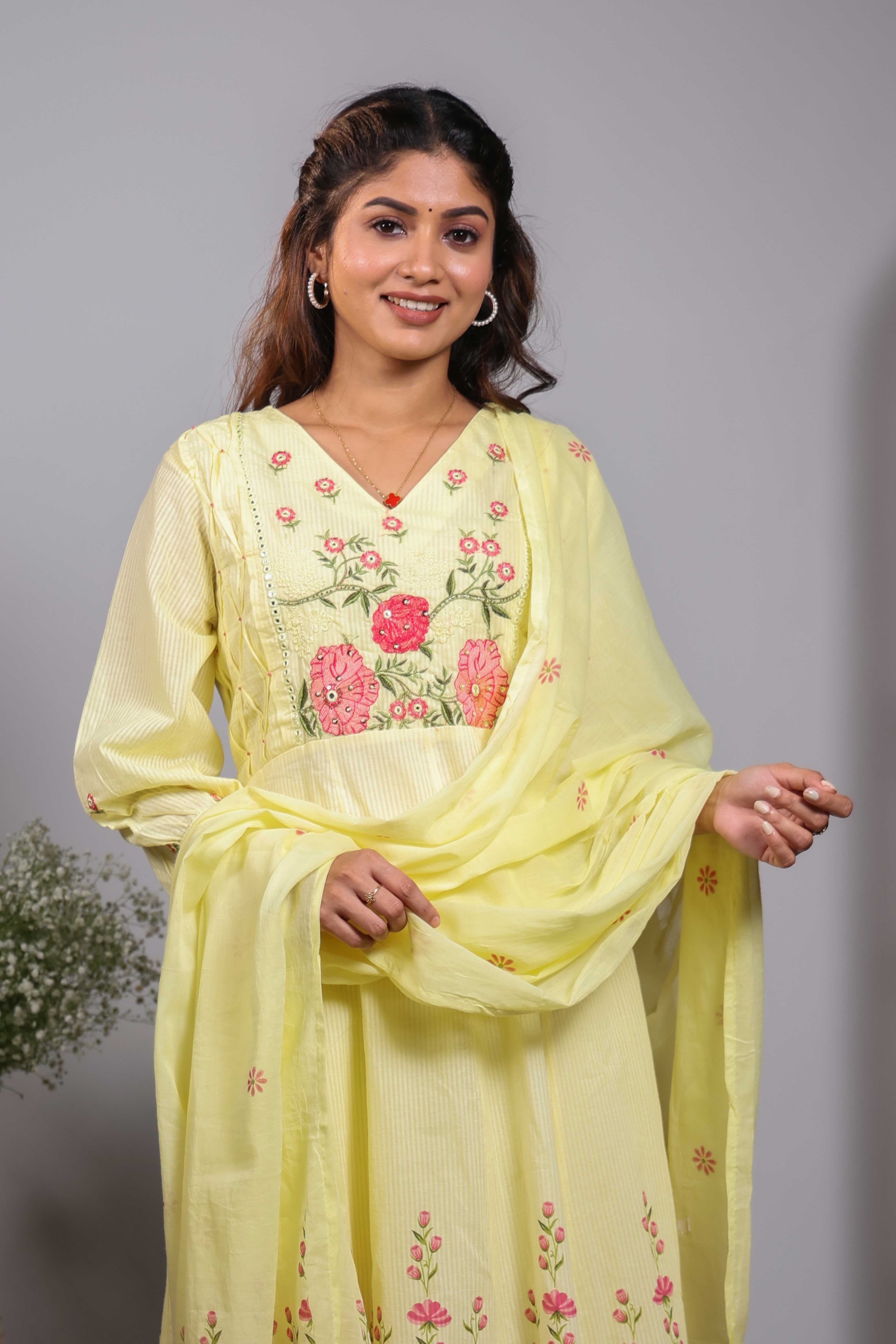 Green floral design V neck salwar set with 3/4th sleeve, self bottom and matching dupatta