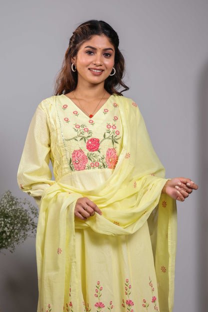Green floral design V neck salwar set with 3/4th sleeve, self bottom and matching dupatta